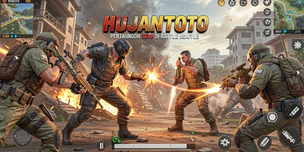 Tangkapan layar utama HUJANTOTO menampilkan aksi seru Battle Royale.