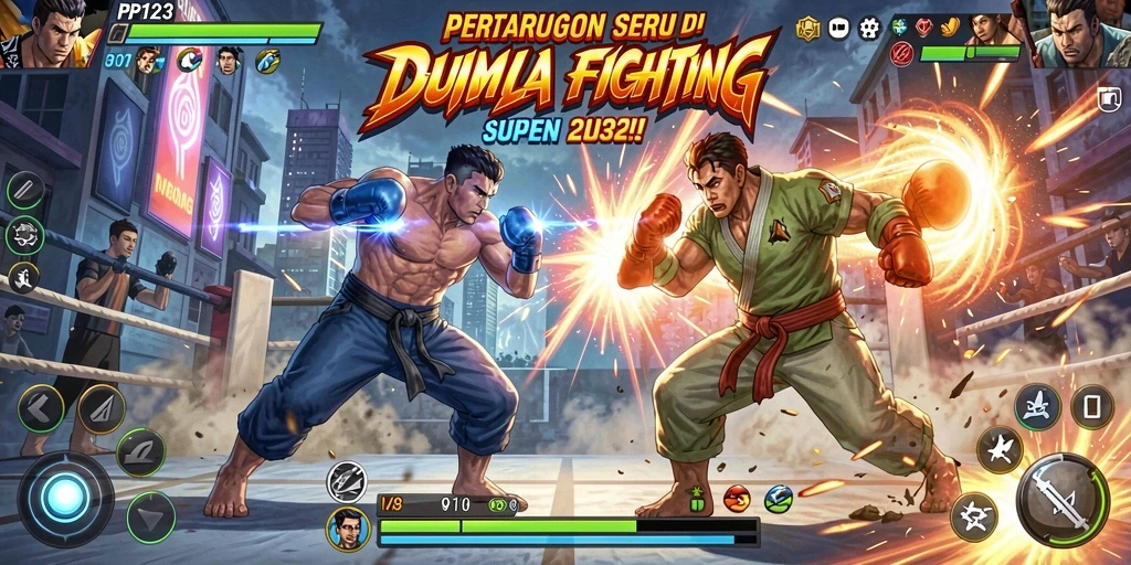 Screenshot gameplay PP123 yang menunjukkan pertarungan intens dan karakter unik.