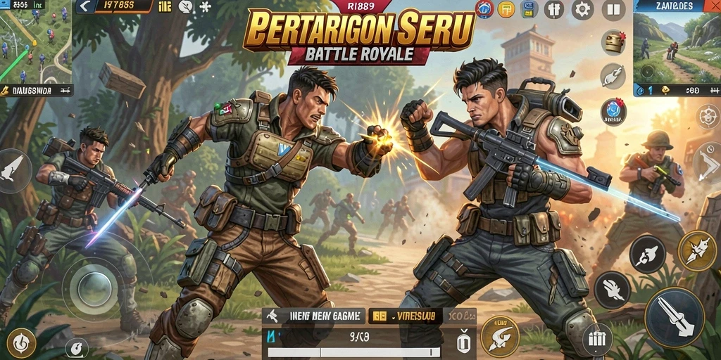 Screenshot utama RI889 menampilkan aksi Battle Royale yang mendebarkan.